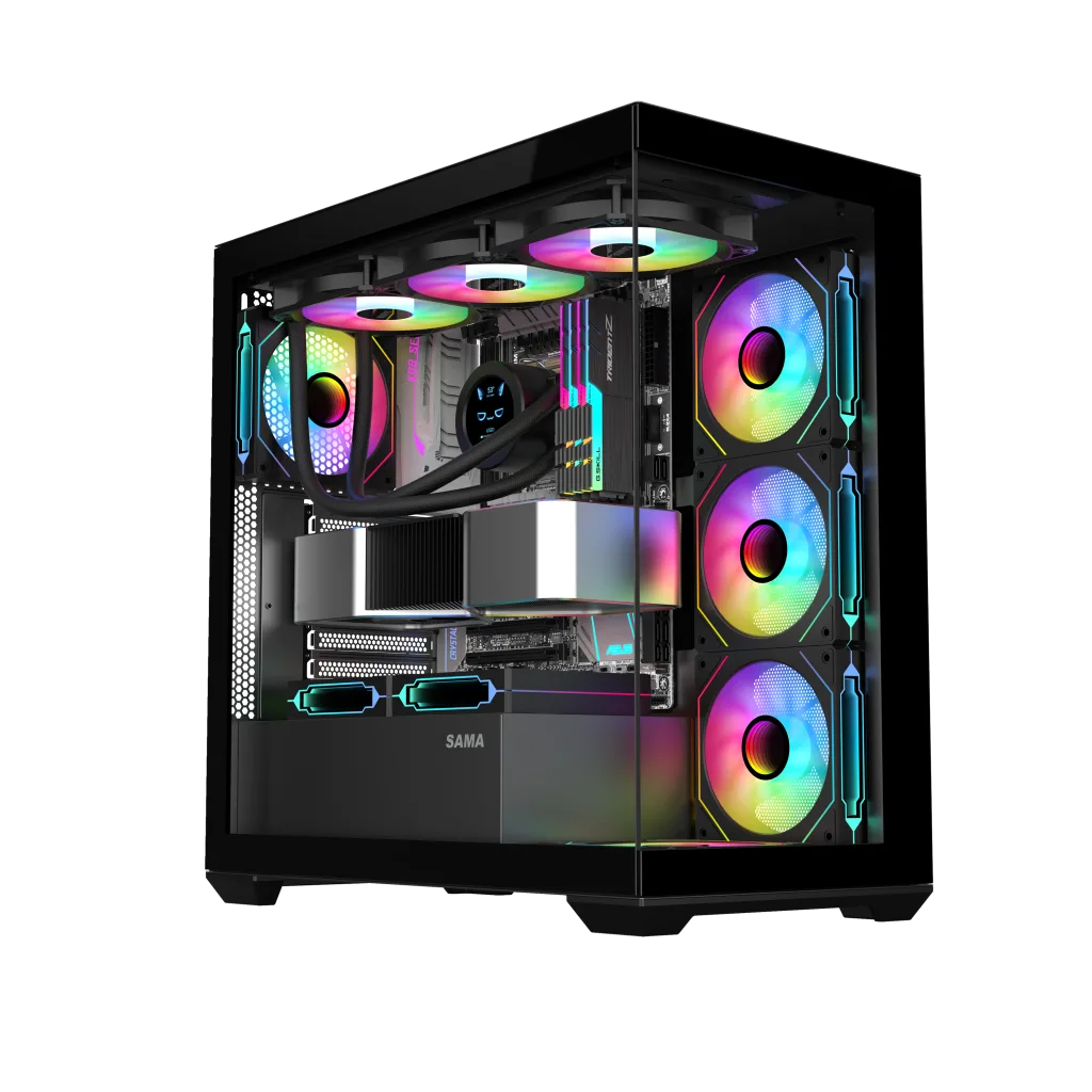 SAMA SV01BK Black, B750BK 750W, 80+ Bronze, PCIE 5.1, ATX3.1, Tempered Glass Panel, Panoramic Tasarım, Type-C, 4x120mm A