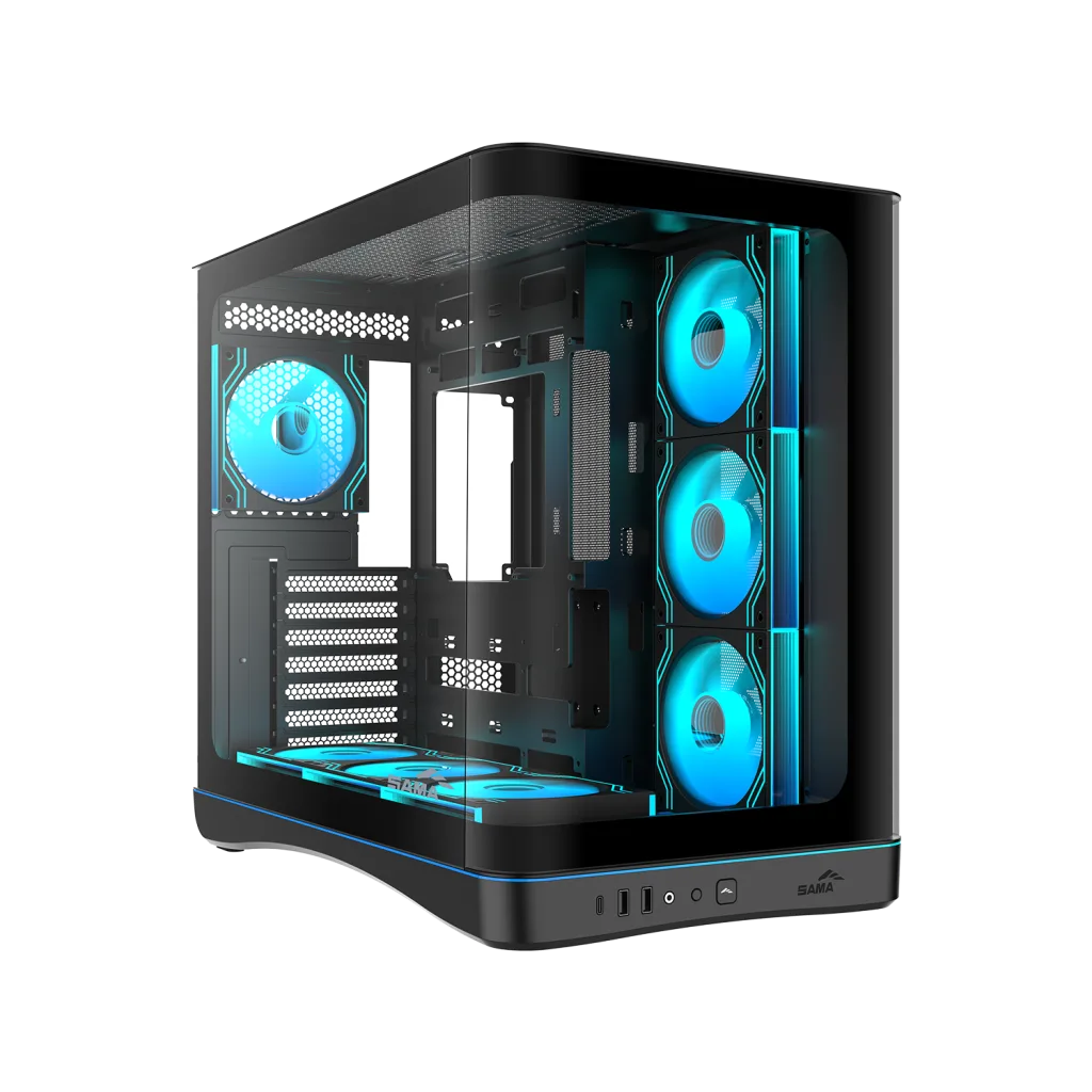 SAMA V62BK Black, B850BK 850W, 80+ Bronze, PCIE 5.1, ATX3.1, Tempered Glass Panel, Panoramic Tasarım, Type-C, 7x120mm ARGB INFINITY Fan, ATX, GAMING KASA