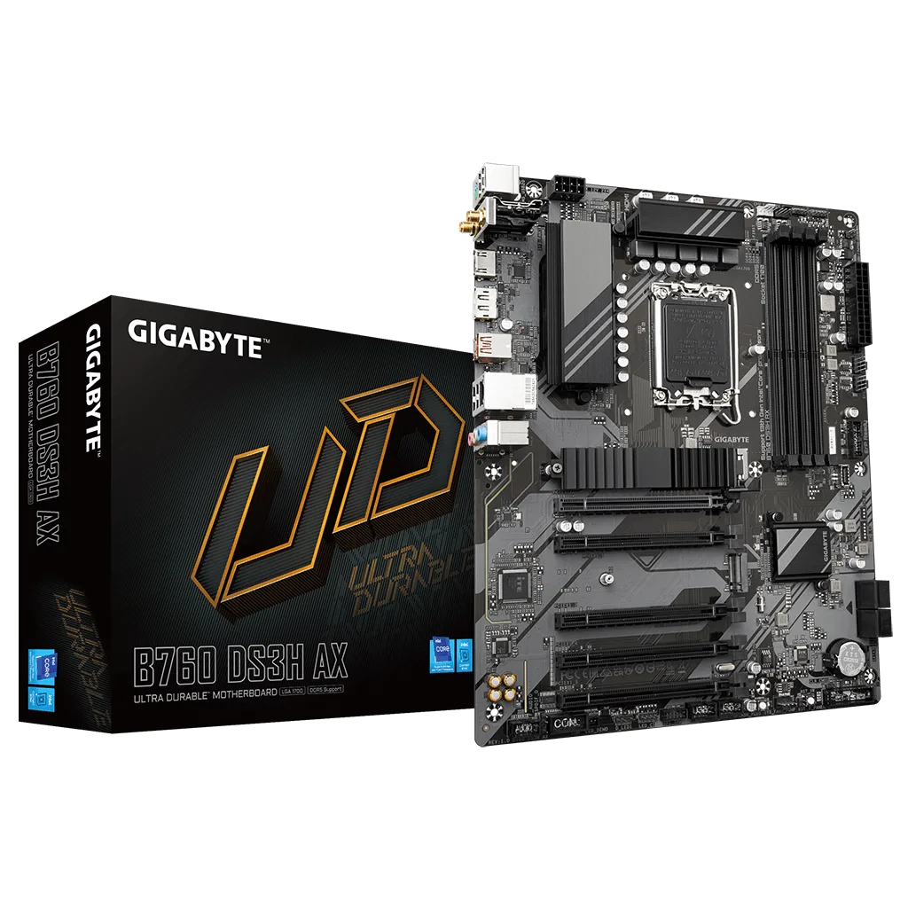 GIGABYTE B760 DS3H AX, rev.1.0, 4xDDR5, 2xM.2, DP, HDMI, Type-C, Wi-Fi 6E, Bluetooth v5.3, 12-13-14.Nesil, LGA1700 Soket
