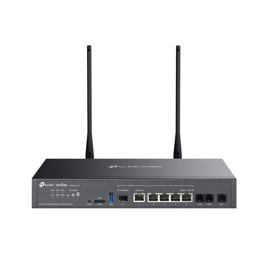 OMADA DR3220v-4G, 4 Port, 4G+Cat6 2,4Ghz, 1 Combo SFP Port, 2 FXS Port, Sim Yuvalı, Gigabit Rackmount DSL Gateway