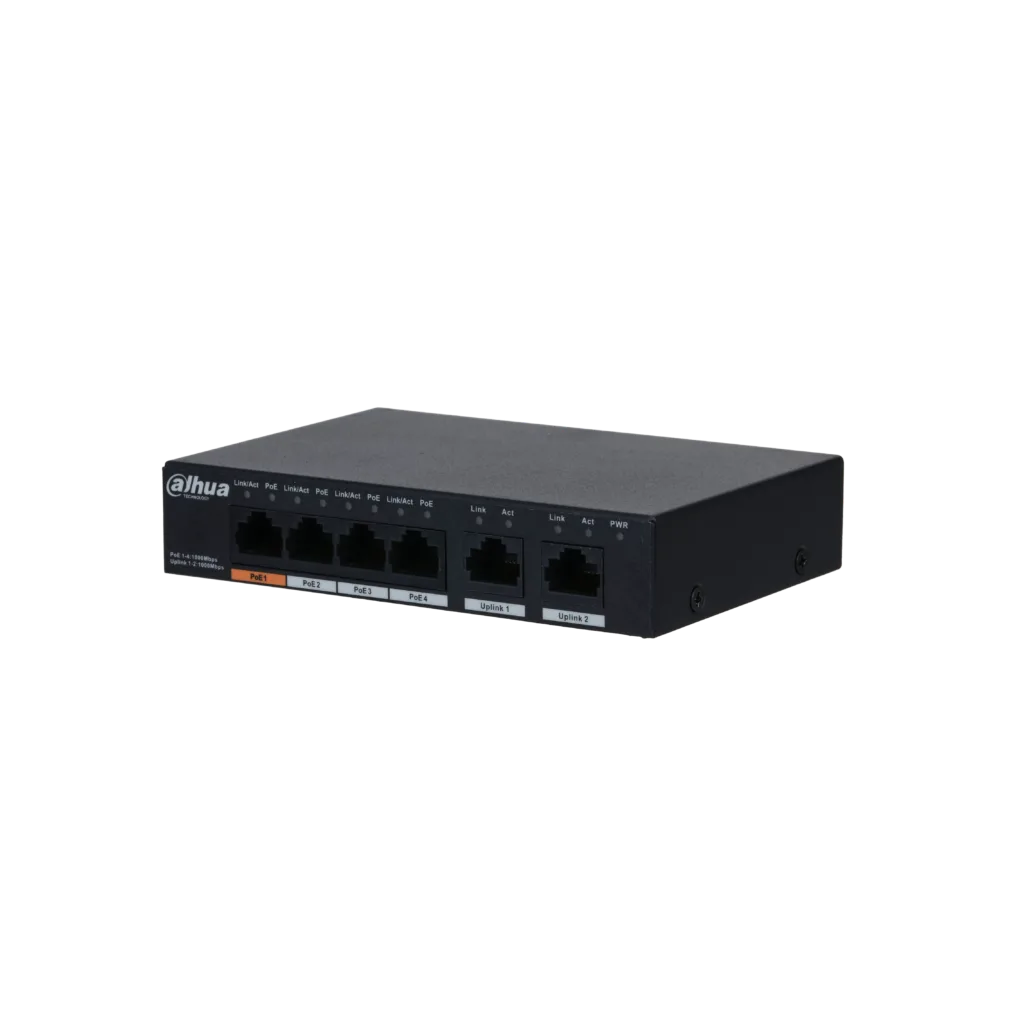 DAHUA PFS3006-4GT-60-V2, 4 Port, Gigabit, PoE 60W, 2 Port Uplink, Yönetilemez, Masaüstü Switch