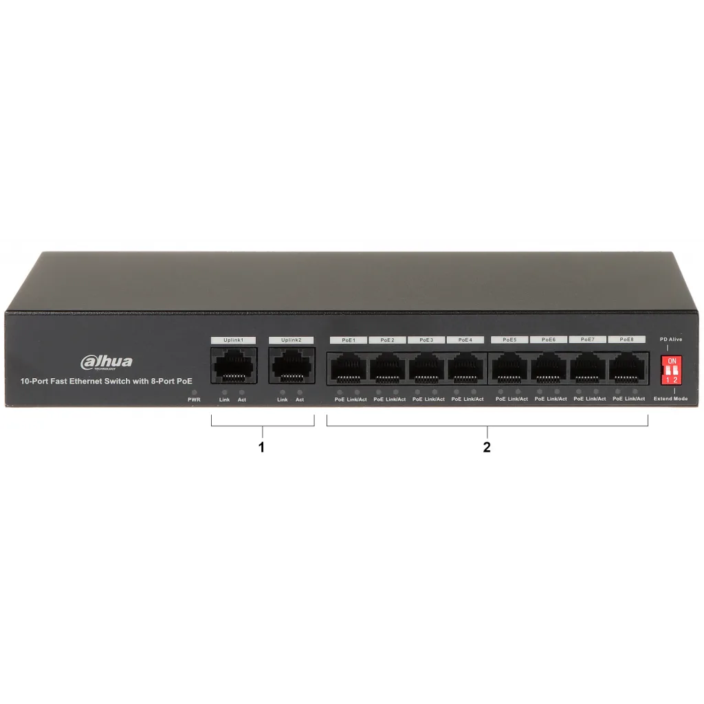 DAHUA PFS3010-8ET-65, 8 Port, MegaBit, PoE 65W, 2 Port Uplink, Yönetilemez, Masaüstü Switch