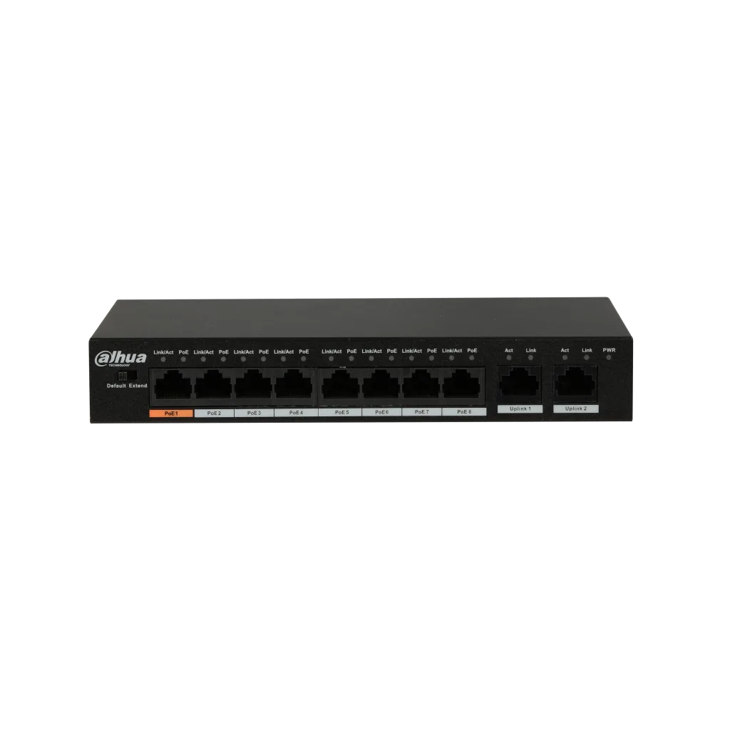 DAHUA PFS3010-8ET-96, 8 Port, MegaBit, PoE 96W, 2 Port GigaBit Uplink, Yönetilemez, Masaüstü Switch