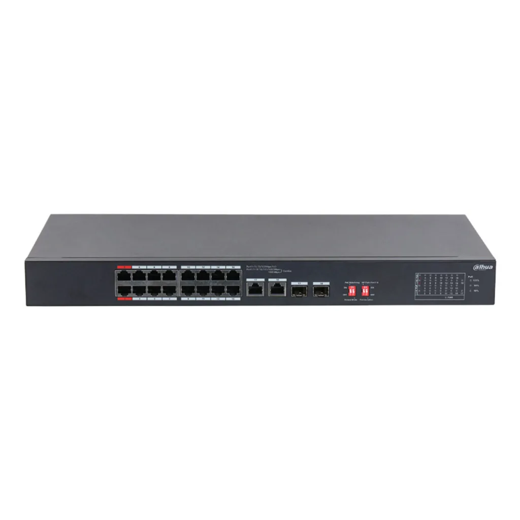 DAHUA S3218-16ET-135, 16 Port, Megabit, PoE 135W, 2 Port GigaBit Uplink, 2 Port GigaBit SFP, Longe Range 250Mt, Yönetile