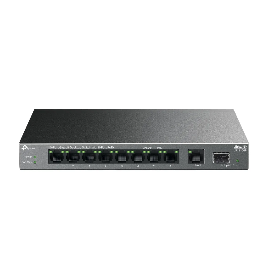 TP-LINK LS1210GP, Green Tech, 8 Port Gigabit, PoE 61W, 1 Port Gigabit Uplink, 1 Port Gigabit SFP, Yönetilemez Masaüstü S