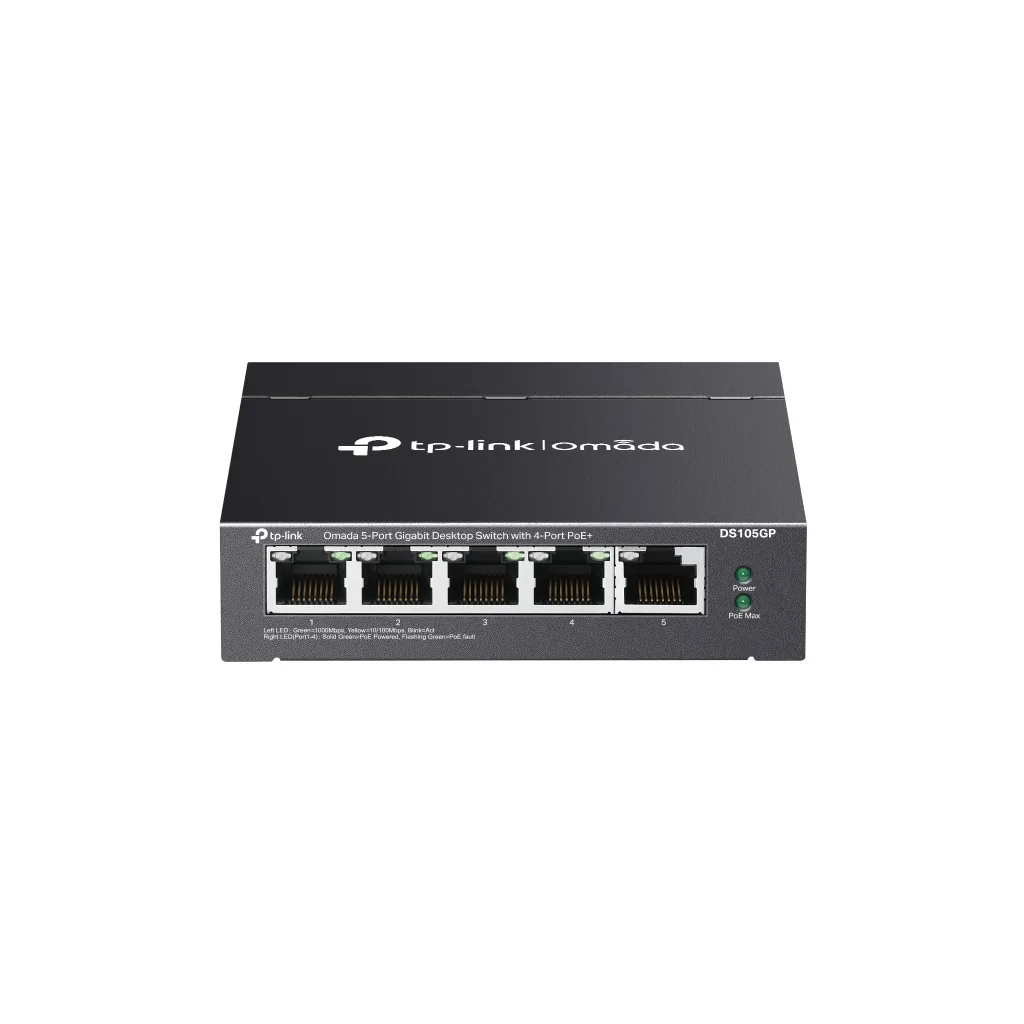 OMADA DS105GP, 5 Port Gigabit, 4 Port Gigabit PoE+, 65W, Yönetilemez, Masaüstü/Vesa Metal Kasa Sessiz Switch