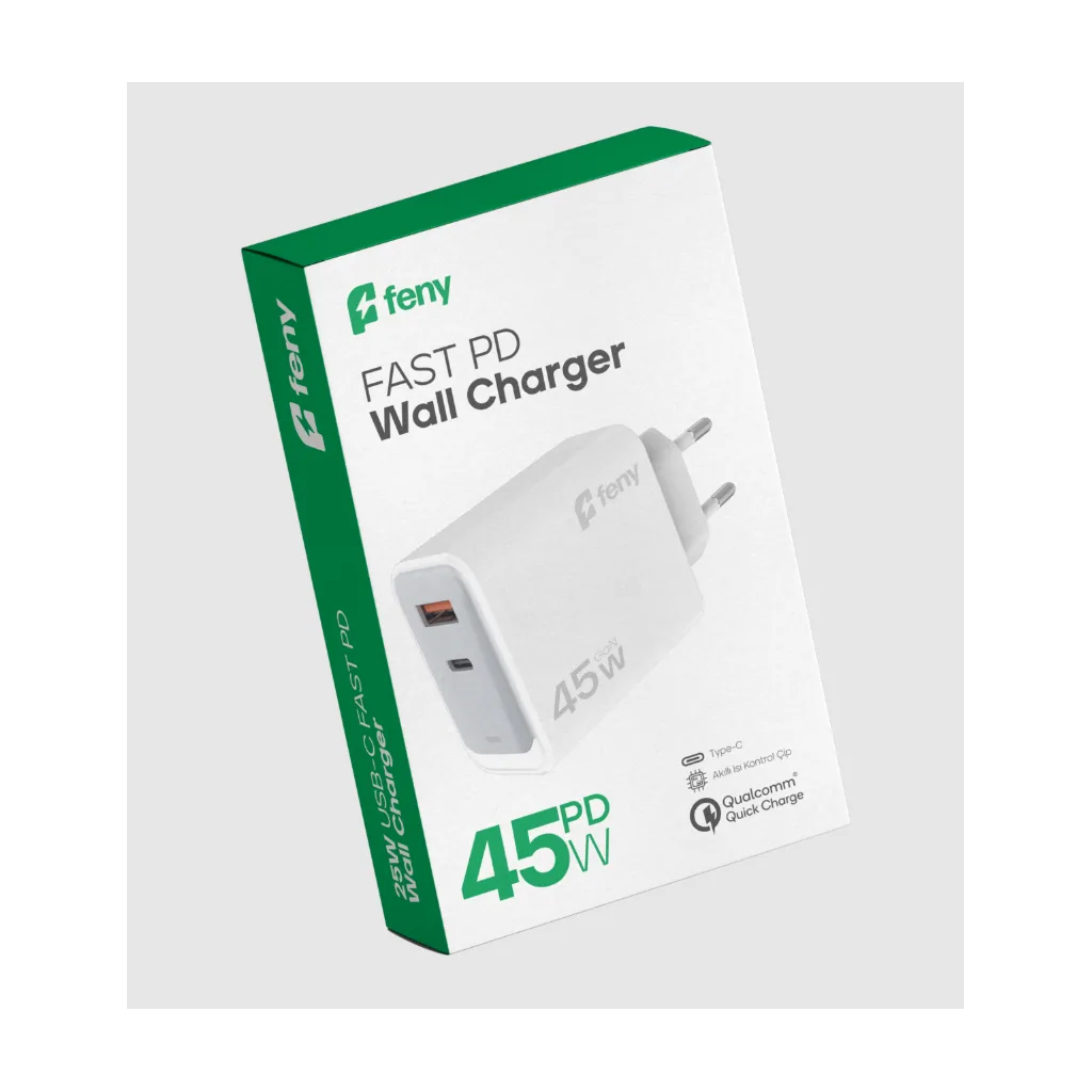FENY FN-C45, 45W, USB+Type-C, Akıllı Isı Kontrol Chip, Qualcomm Quick Charge 3.0, ŞARJ Adaptörü