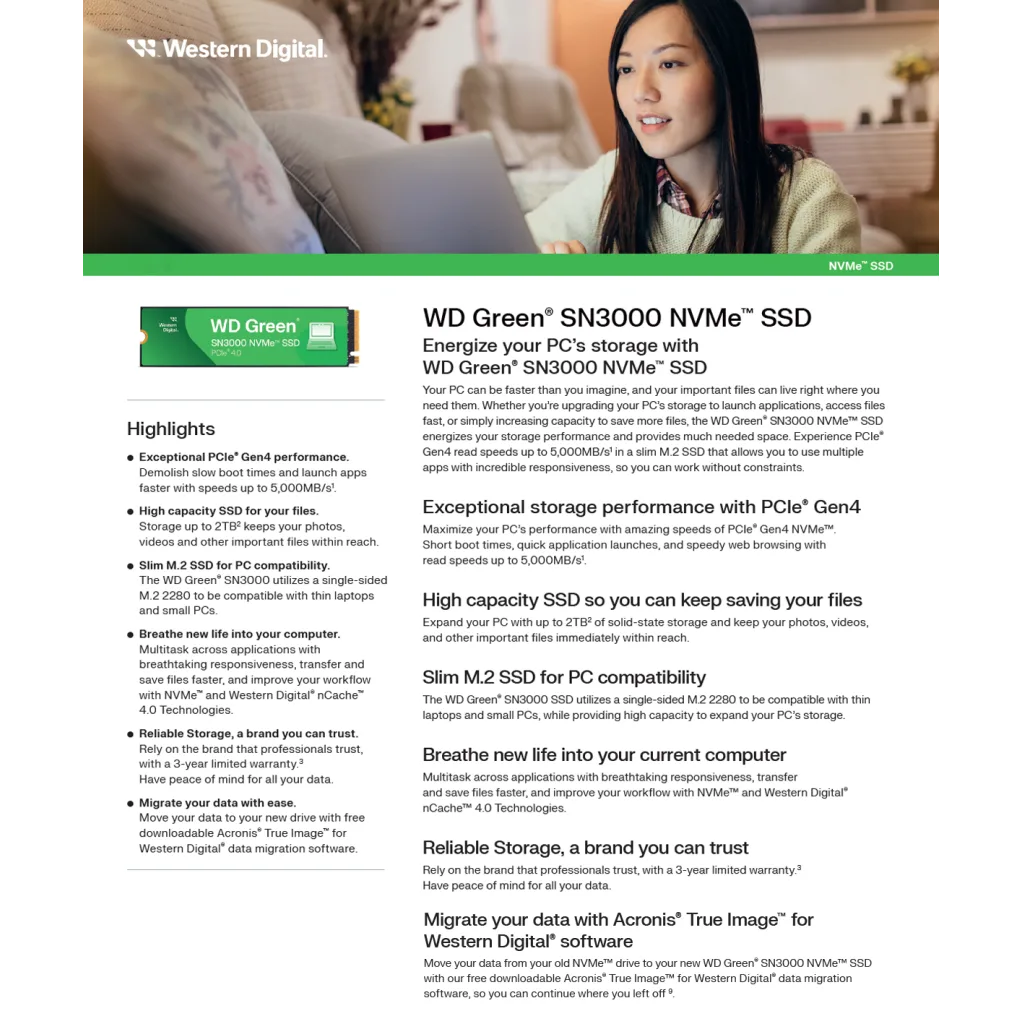 WD Green SN3000, WDS100T4G0E, 1TB, 5000/4200, Gen4, NVMe PCIe M.2 2280, SSD
