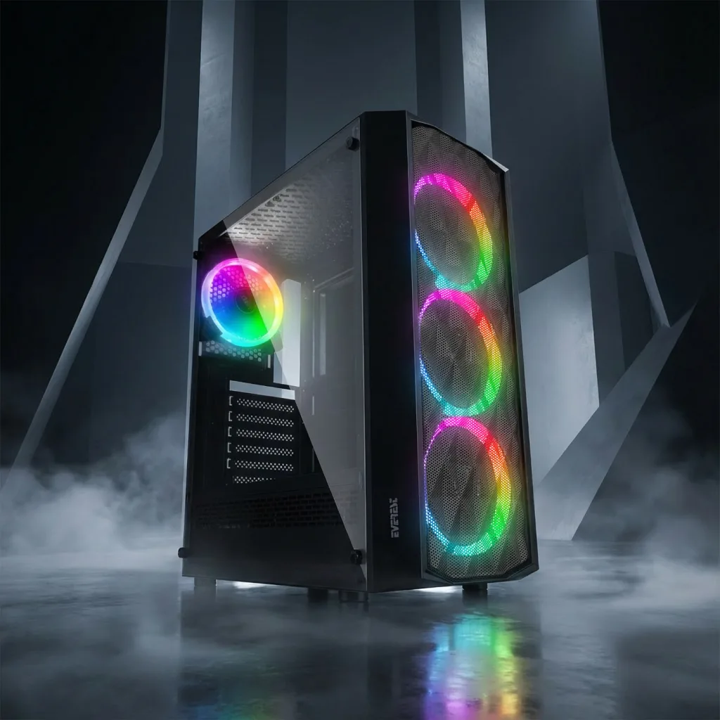EVEREST BUMPY, Mesh, 600W, 4x12cm RGB Fan, Temperli Cam Yan Panel, ATX, GAMING KASA
