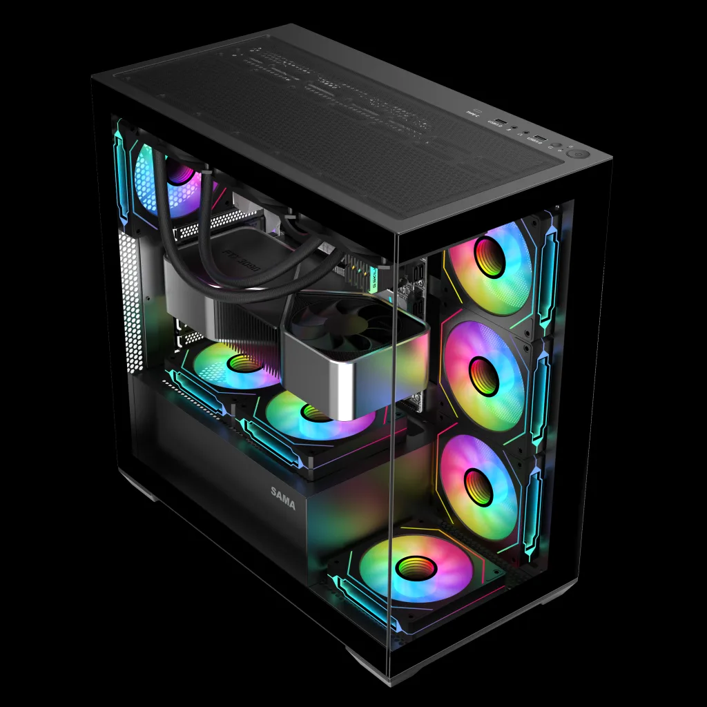 SAMA SV01BK Black, B750BK 750W, 80+ Bronze, PCIE 5.1, ATX3.1, Tempered Glass Panel, Panoramic Tasarım, Type-C, 4x120mm A
