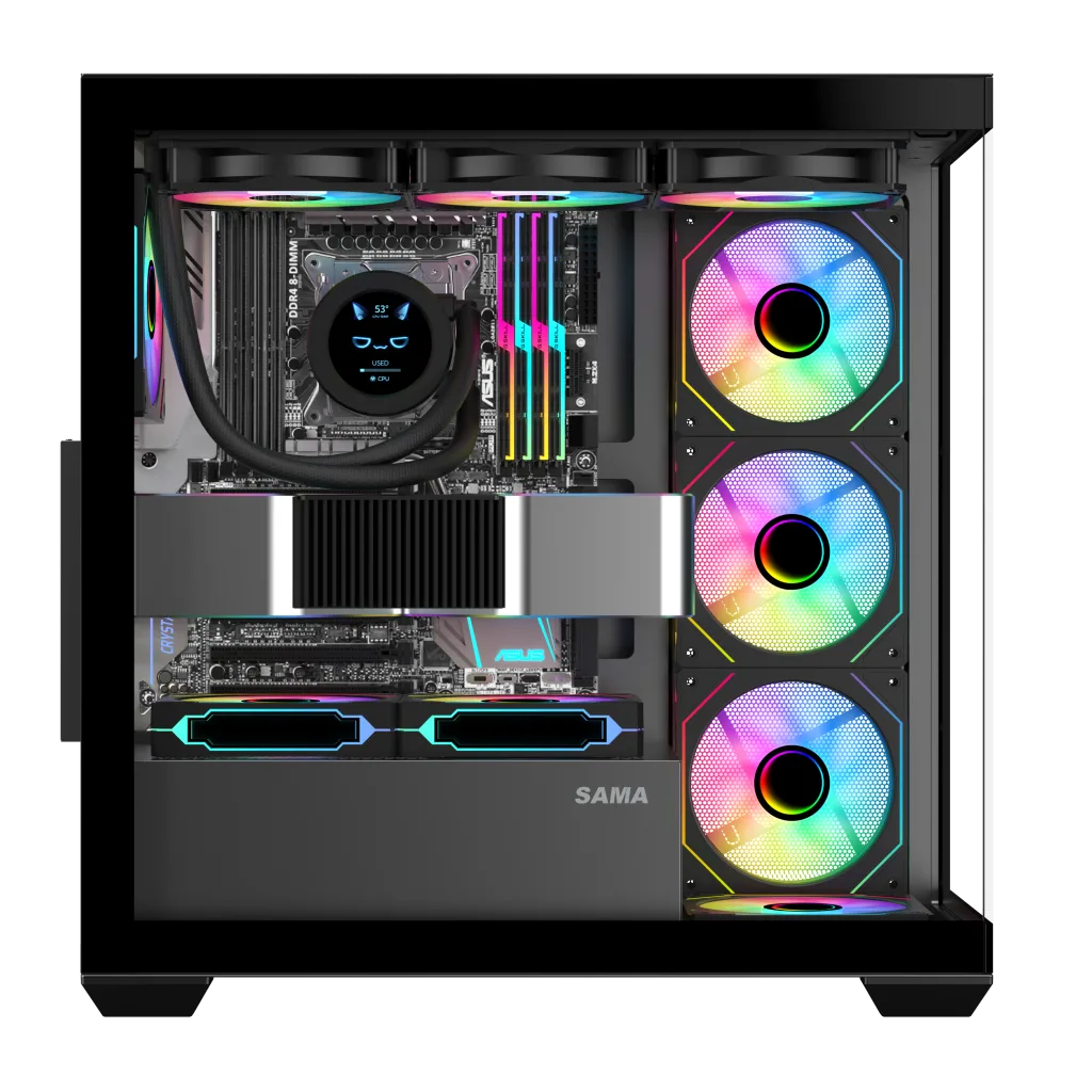 SAMA SV01BK Black, B750BK 750W, 80+ Bronze, PCIE 5.1, ATX3.1, Tempered Glass Panel, Panoramic Tasarım, Type-C, 4x120mm A