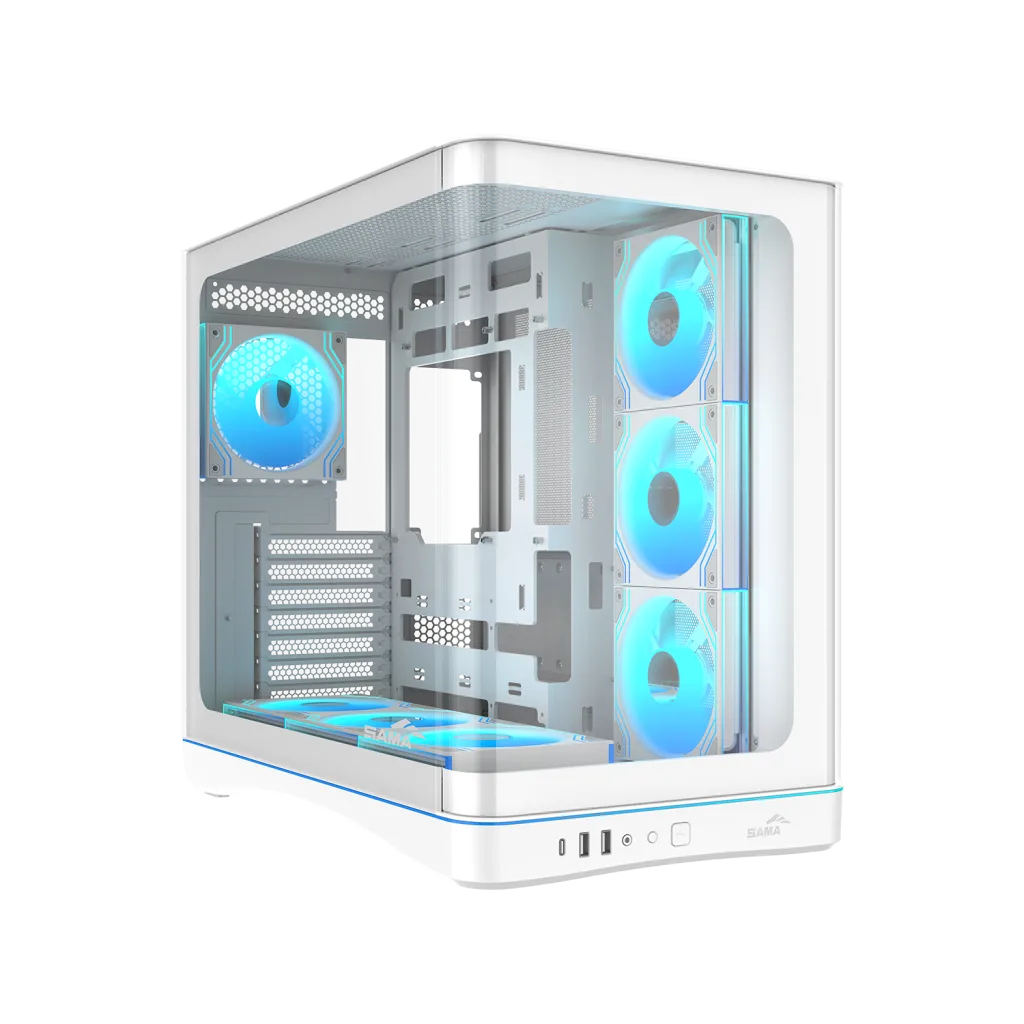 SAMA V62WH White, G1000WH 1000W, 80+ Gold, Full Modüler, PCIE 5.1, ATX3.1, Tempered Glass Panel, Panoramic Tasarım, Type