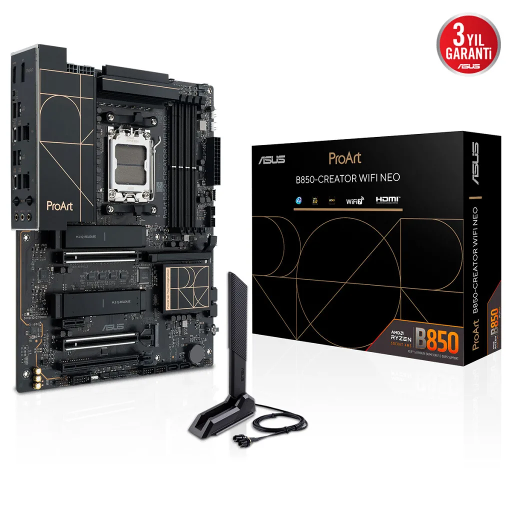 ASUS PROART B850-CREATOR WIFI NEO, 4xDDR5, 3xM.2, HDMI, DP, Type-C, PCIe 5.0, Wi-Fi 7, Bluetooth v5.4, AM5 Soket GAMING