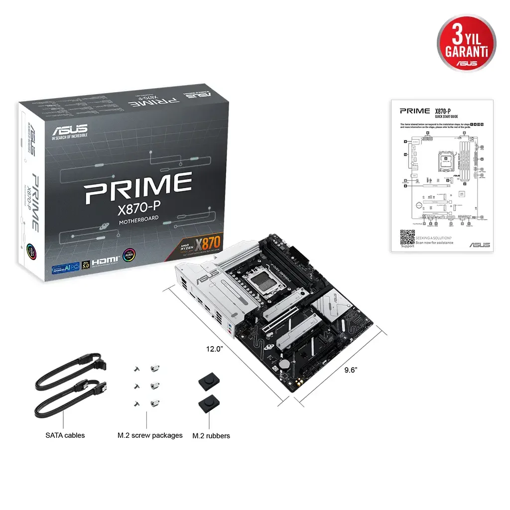 ASUS PRIME X870-P, 4xDDR5, 4xM.2, HDMI, DP, Type-C, AM5 Soket GAMING Anakart