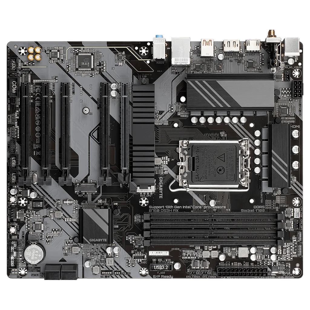 GIGABYTE B760 DS3H AX, rev.1.0, 4xDDR5, 2xM.2, DP, HDMI, Type-C, Wi-Fi 6E, Bluetooth v5.3, 12-13-14.Nesil, LGA1700 Soket
