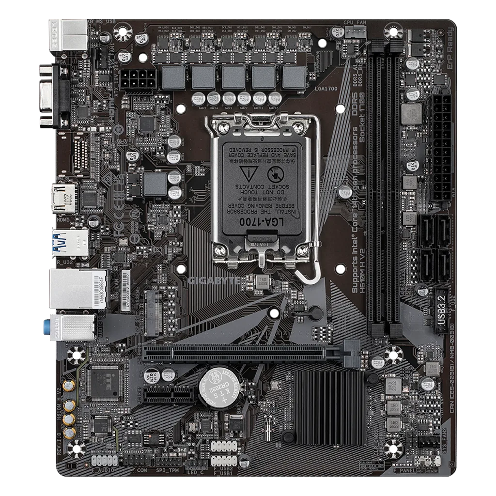 GIGABYTE H610M H V2, rev.1.0, 2xDDR5, M.2, D-SUB, HDMI, 12-13.14.Nesil, LGA1700 Soket, Anakart