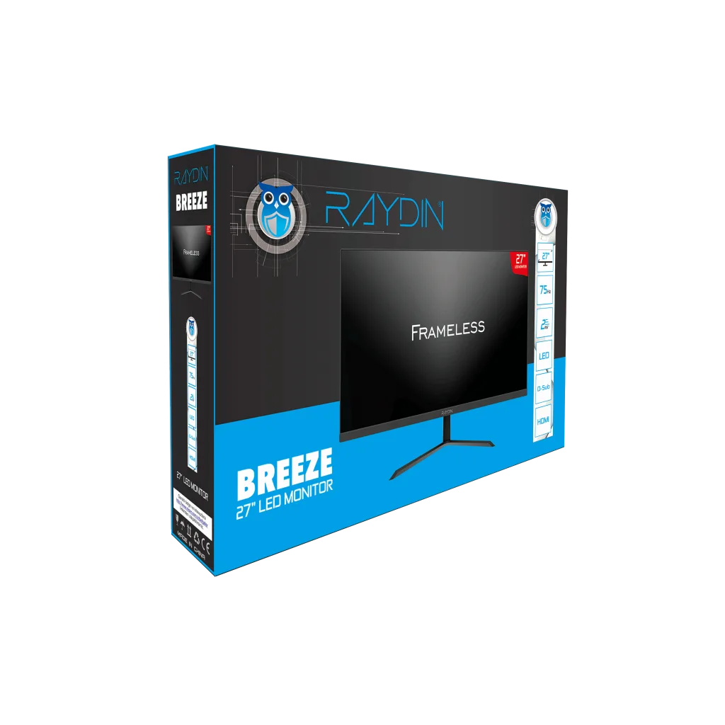 RAYDIN BREEZE, 27", 2ms, 75Hz, Full HD, 250 nits, D-Sub, HDMI, Frameless, VA LED Monitör (Siyah)