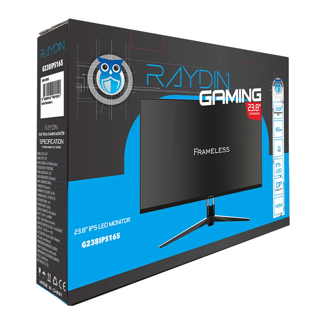 RAYDIN G238IPS165, 23.8", 1ms, 165Hz, Full HD, 300 nits, HDMI, DP, USB, Hoparlör, IPS LED, Frameless, FreeSync Gaming Mo