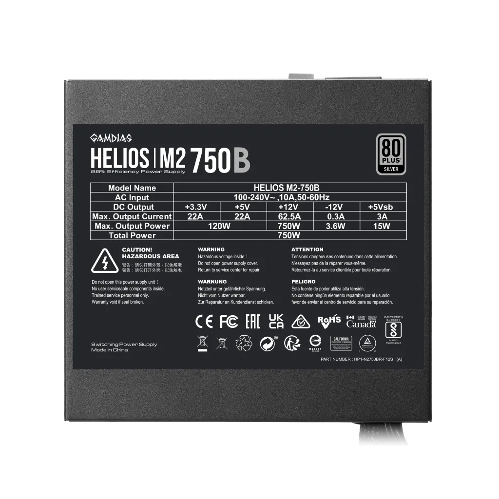 GAMDIAS HELIOS M2-750B, 750W, 80+ Silver, Aktif PFC, GAMING, ATX, Power Supply (PSU)