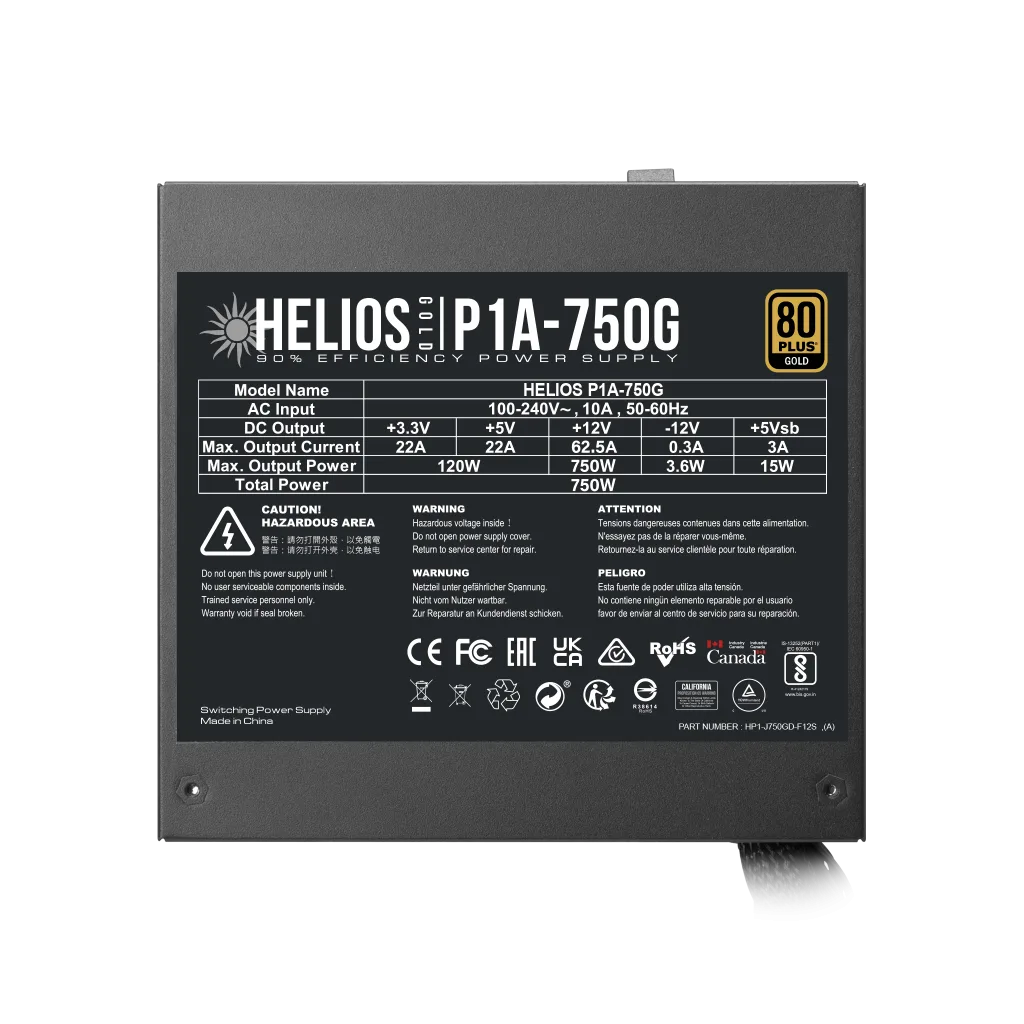 GAMDIAS HELIOS P1A-750G, 750W, 80+ Gold, Aktif PFC, GAMING, ATX, Power Supply (PSU)
