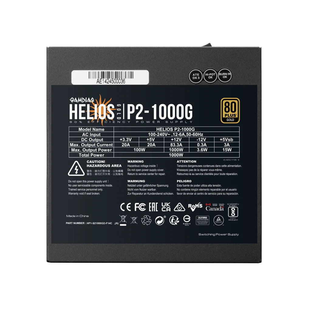 GAMDIAS HELIOS P2-1000G, 1000W, 80+ Gold, Full Modüler, Aktif PFC, GAMING, ATX, Power Supply (PSU)