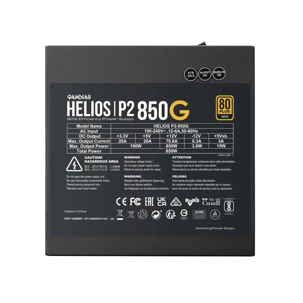 GAMDIAS HELIOS P2-850G, 850W, 80+ Gold, Full Modüler, Aktif PFC, GAMING, ATX, Power Supply (PSU)