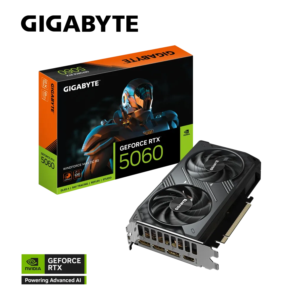 GIGABYTE GV-N5060WF2MAX OC-8GD, RTX5060, WINDFORCE MAX OC, 8Gb, GDDR7, 128BIT, 2 Fanlı, 1xHDMI, 3xDP, GAMING Ekran KARTI