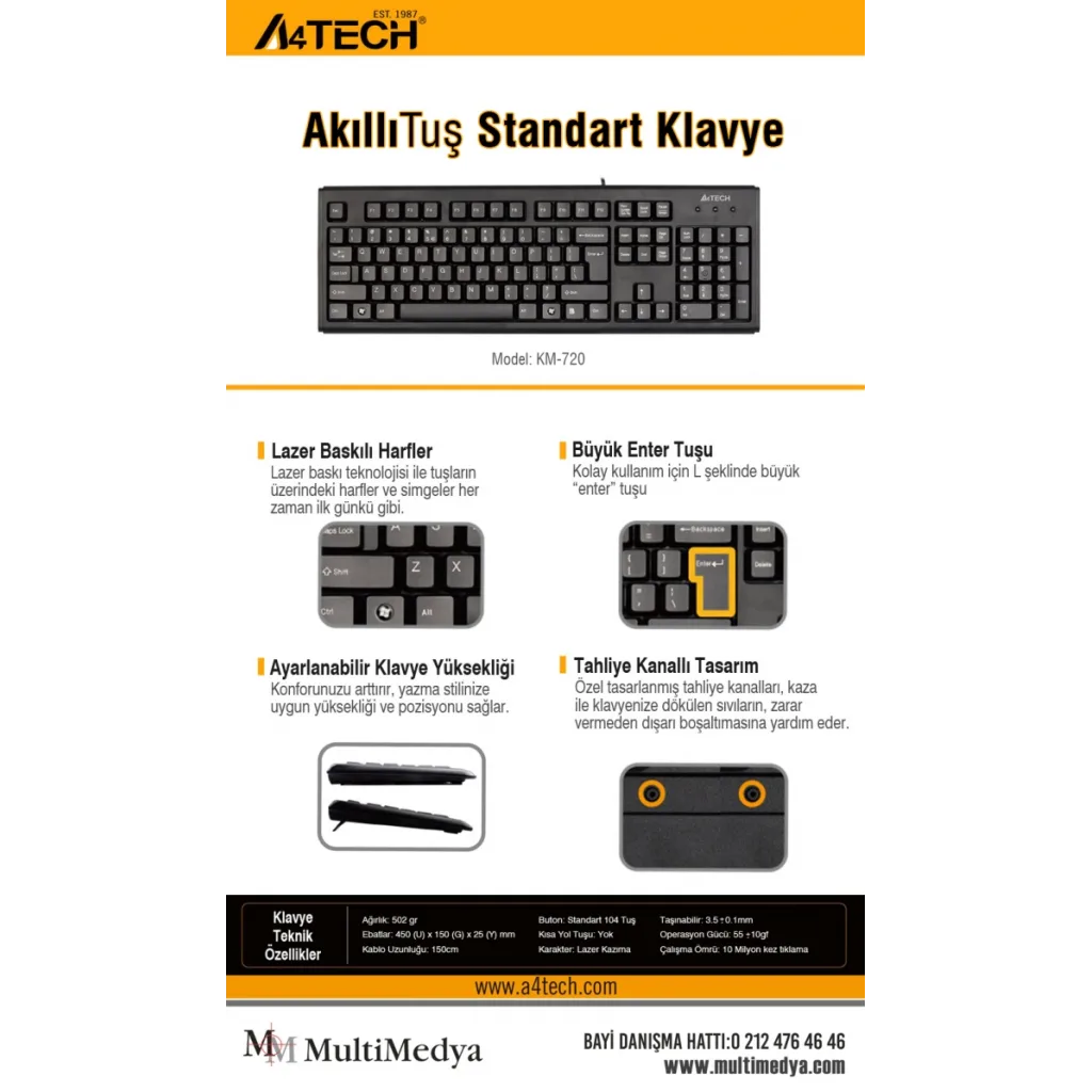 A4 TECH KM-720, Siyah, USB Kablolu, Türkçe Q, Multimedya KLAVYE