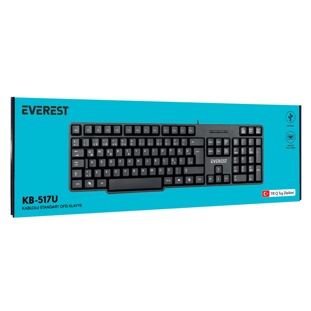 EVEREST KB-517U, USB Kablolu, Türkçe Q, 2Mt Kablolu Standart Klavye (Siyah)