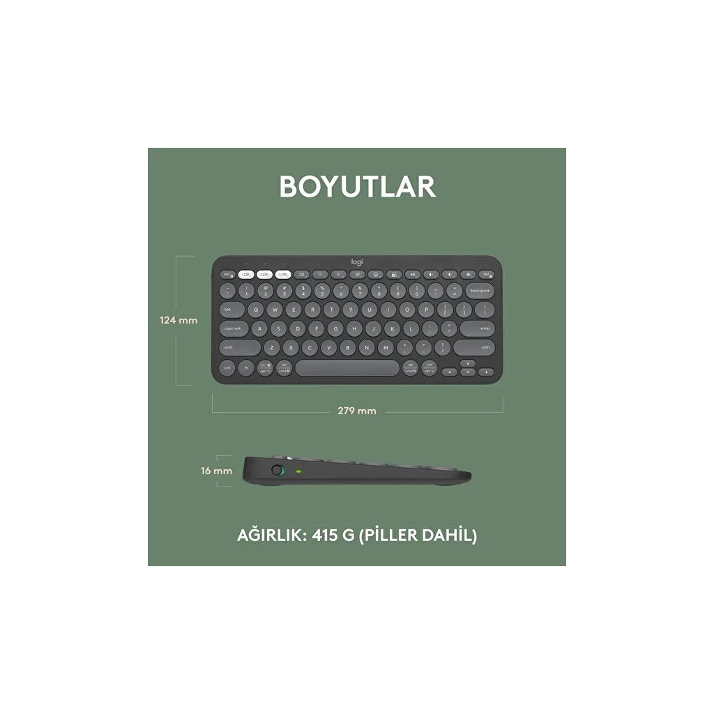 LOGITECH K380S, Pebble Keys 2, Siyah, 920-011859, Bluetooth, Türkçe, Q, Multimedya, Mini Klavye