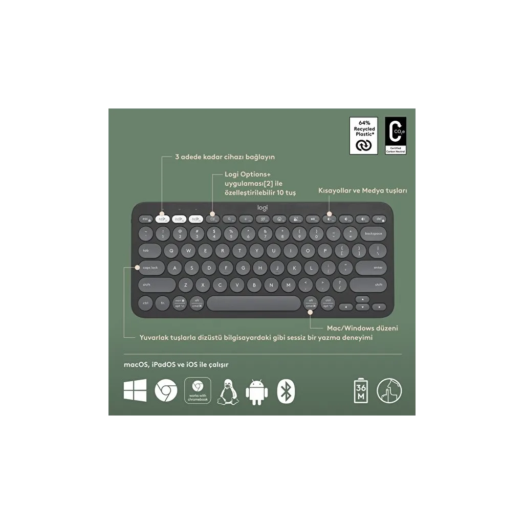 LOGITECH K380S, Pebble Keys 2, Siyah, 920-011859, Bluetooth, Türkçe, Q, Multimedya, Mini Klavye