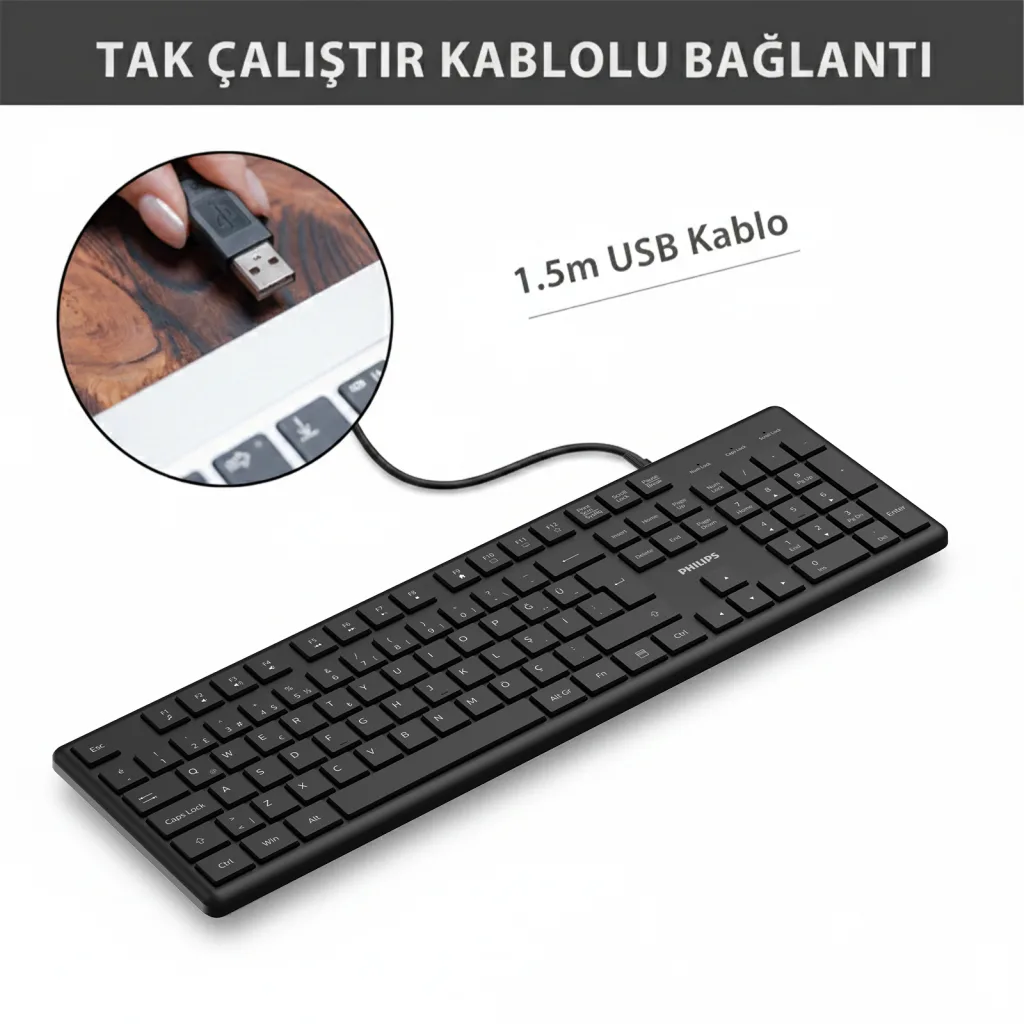 PHILIPS SPK6248B, USB Kablolu, Türkçe Q, Multimedya Klavye (Siyah)