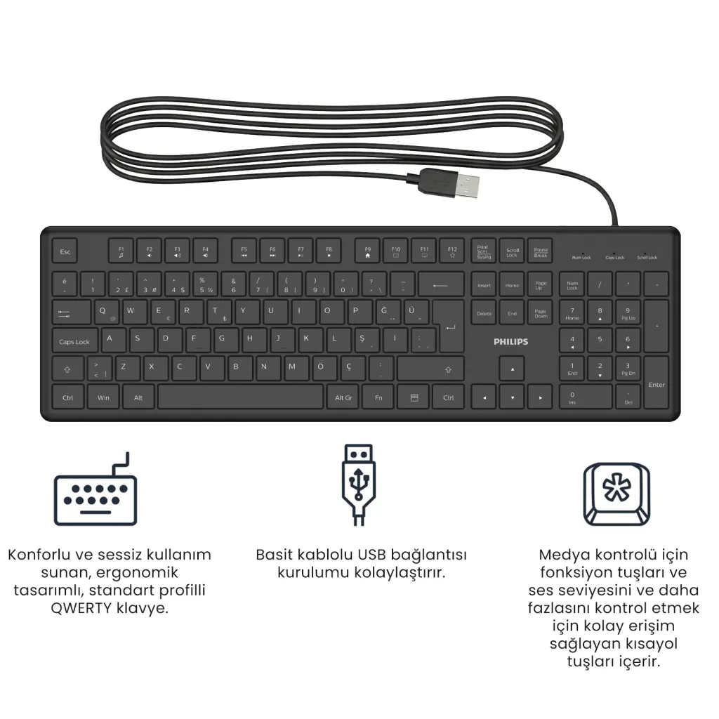 PHILIPS SPK6248B, USB Kablolu, Türkçe Q, Multimedya Klavye (Siyah)