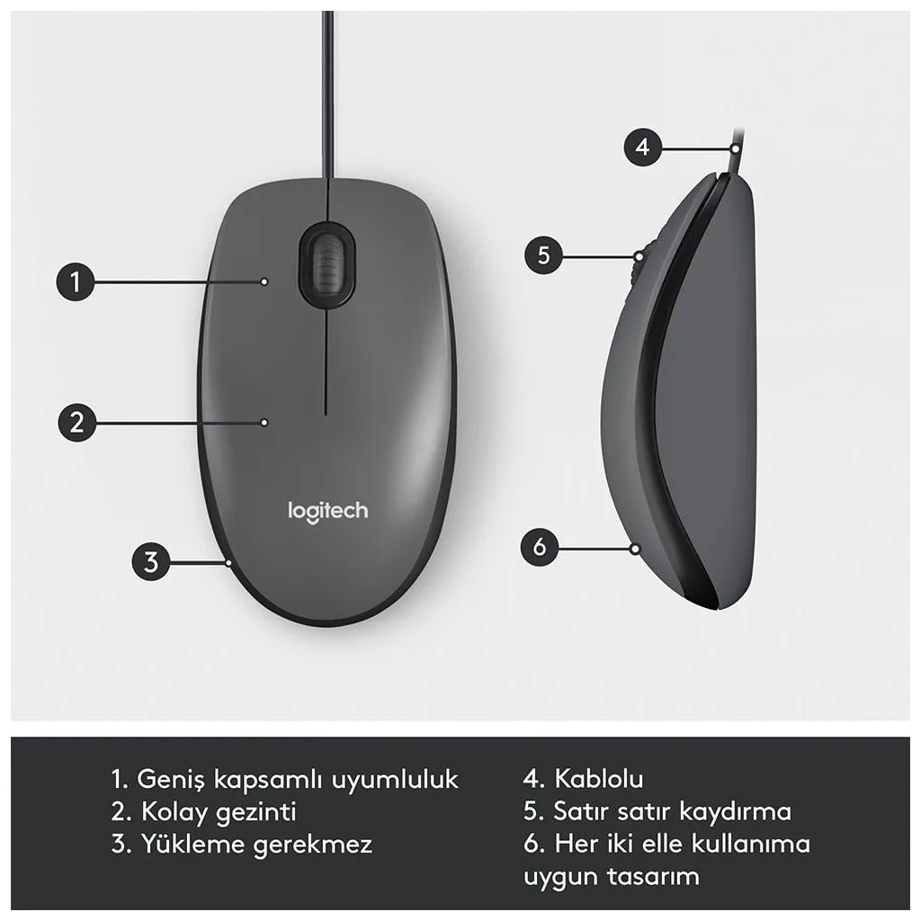 LOGITECH 910-006652, M100 Siyah, USB Kablolu, 1000dpi, Optik, 3 Tuşlu, Mouse