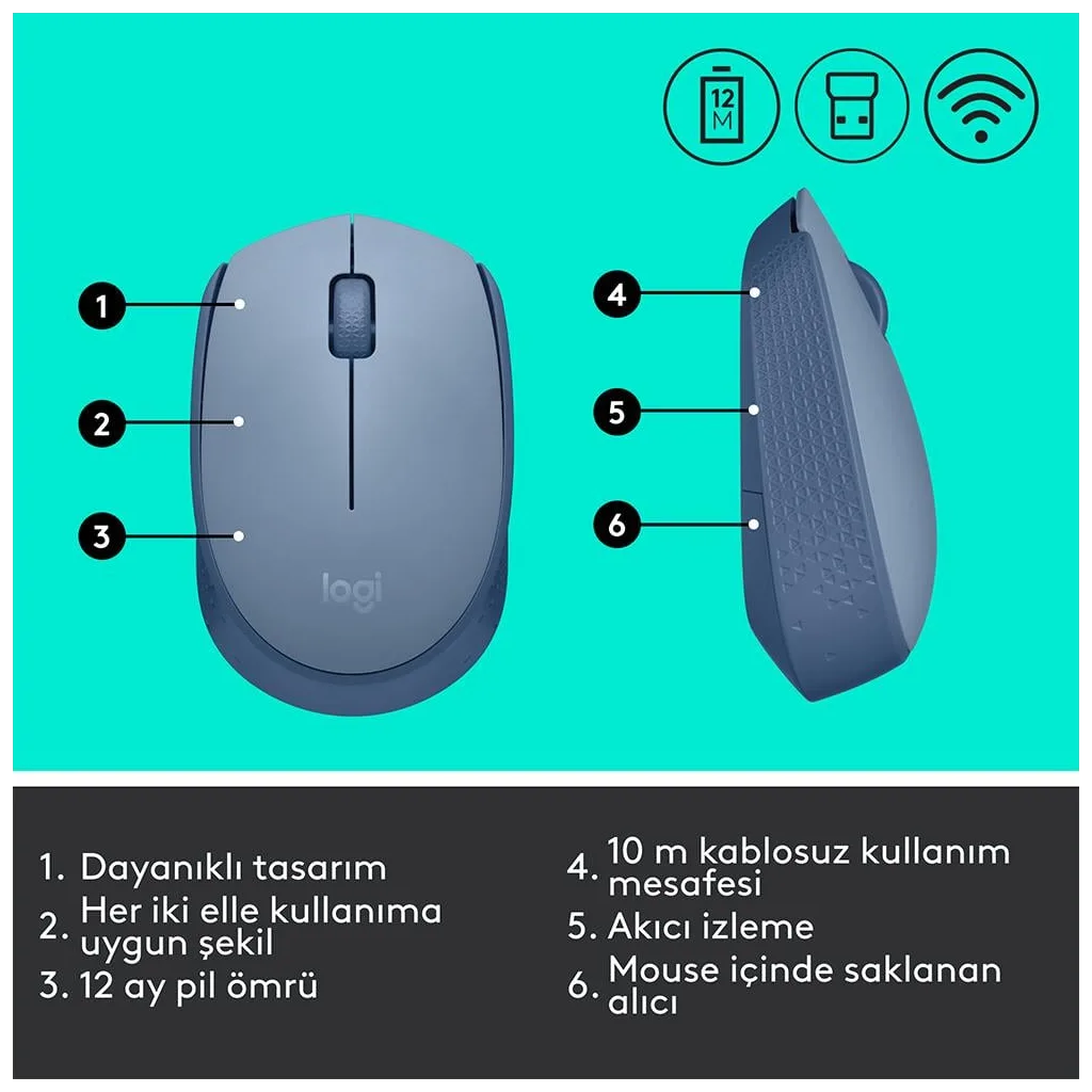 LOGITECH 910-006866, M171 BlueGrey, USB Nano 2,4G Kablosuz, 1000dpi, Optik, 3 Tuşlu, 12ay Pil Ömrü, Mouse