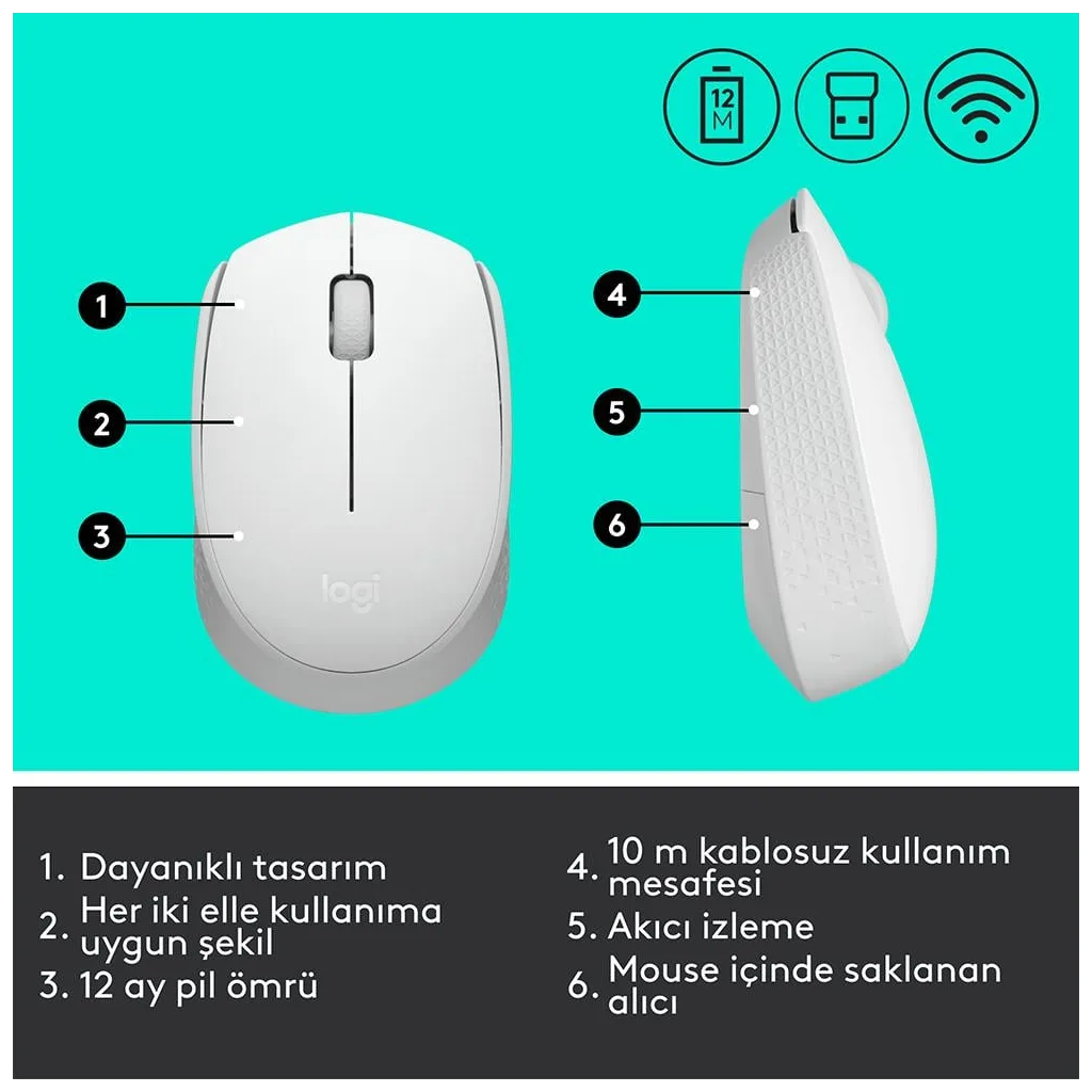 LOGITECH 910-006867, M171 White, USB Nano 2,4G Kablosuz, 1000dpi, Optik, 3 Tuşlu, 12ay Pil Ömrü, Mouse