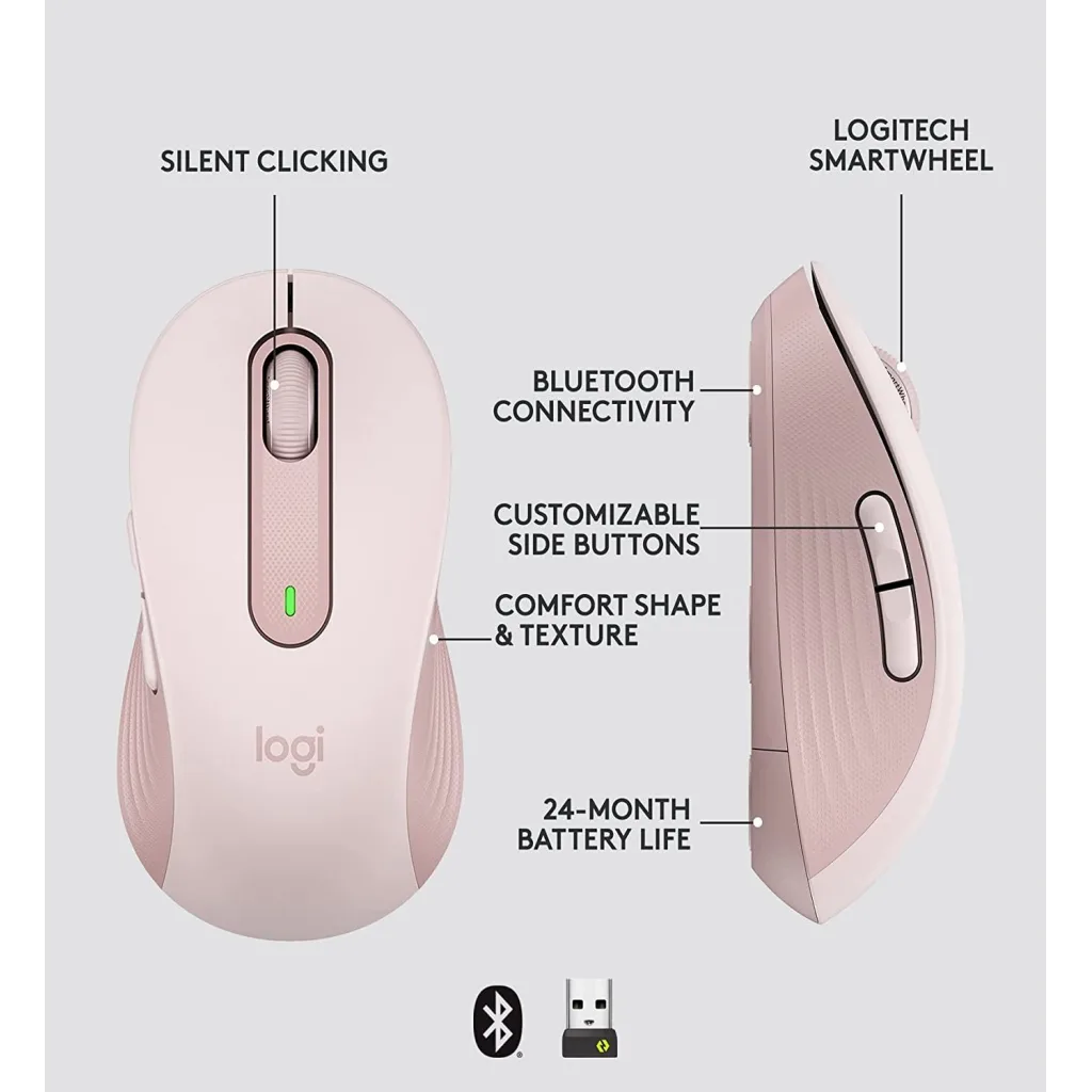 LOGITECH 910-006254, M650 Signature, Rose, Sağ El, USB Nano 2,4G Kablosuz, 4000dpi, Optik, 5 Tuşlu, 24ay Pil Ömrü, Sessi