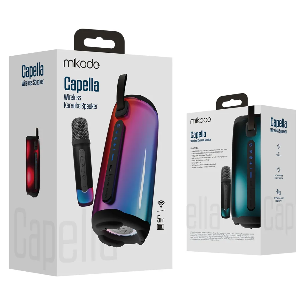 MIKADO MD-17BT CAPELLA, 10W, Taşınabilir, USB/AUX/BT/TF, RGB Işıklı, Transparan, 1800mAh, Mikrofon, Karaoke, Bluetooth S