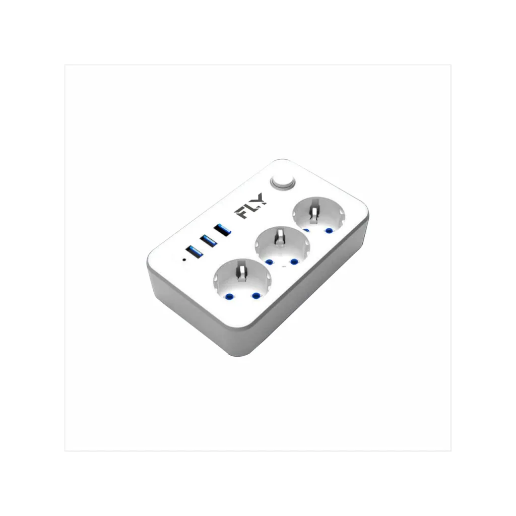 FLY 3406-01, 3 Soket, 3 USB, Akım Korumalı Priz, 2.1A, Anahtarlı, 2Mt Kablo, (Beyaz)