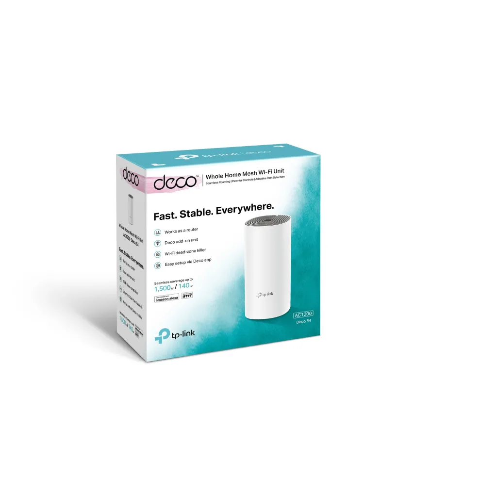TP-LINK DECO E4, AC1200, Tekli Mesh, 1200Mbps, Dual Band, 2Port Megabit Lan, 140m2 Çekim Alanı, Router, Geniş Alan İnter
