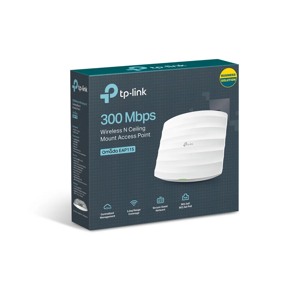 OMADA EAP115, 1Port Gigabit PoE, 300Mbps, 2,4Ghz, Aktif Poe, Tavan tipi Access Point