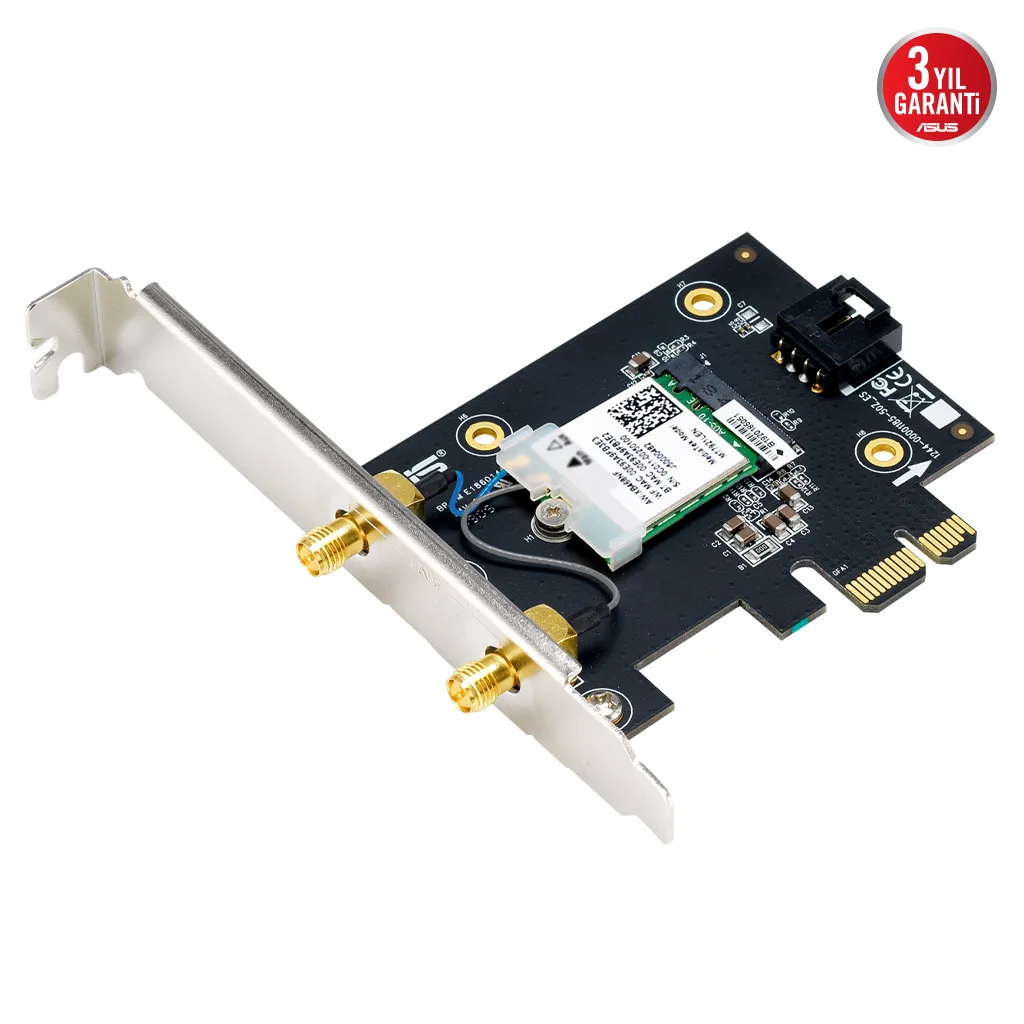 ASUS PCE-BE6500, BE6500, 2xAnten, 6500Mbps, Tri-Bant, 6GHz WİFİ 7, Bluetooth v5.4, WPA3, PCI-Express x1, PCIe Adapter
