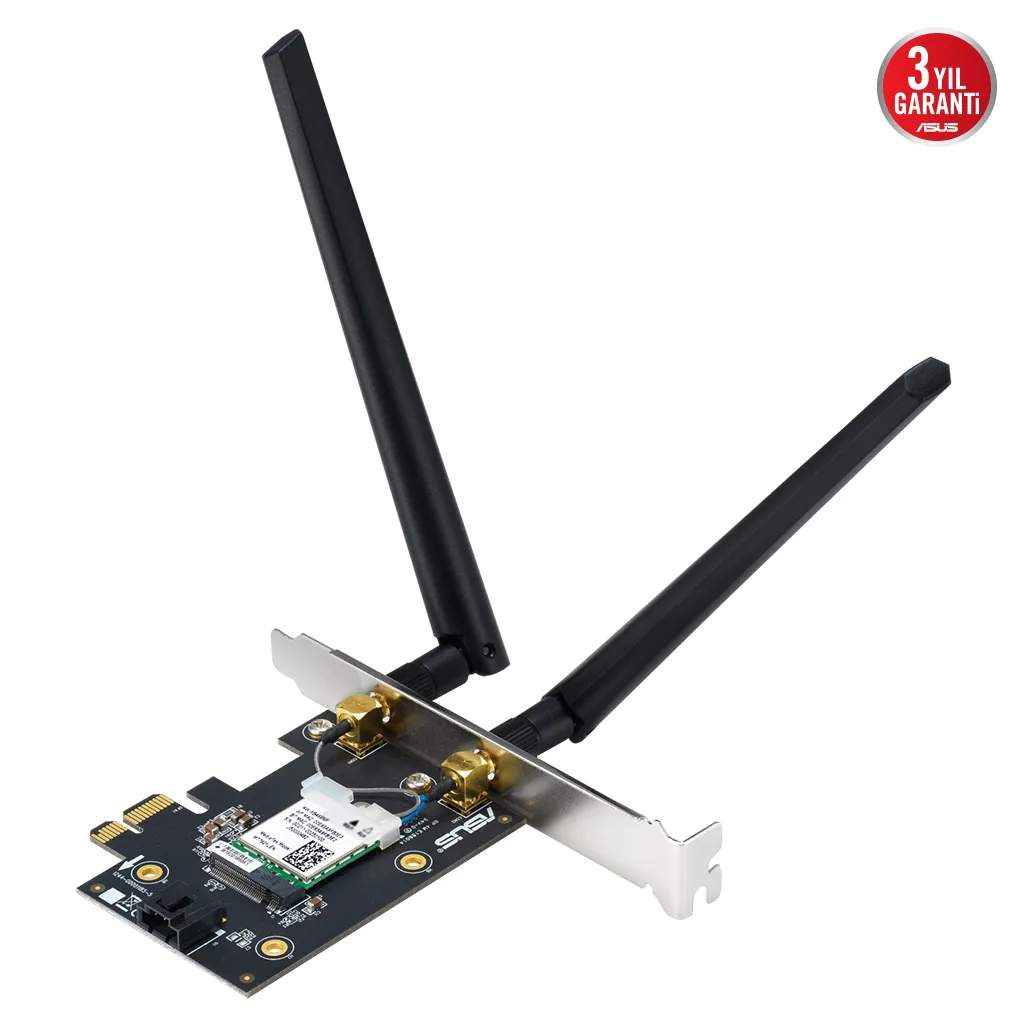 ASUS PCE-BE6500, BE6500, 2xAnten, 6500Mbps, Tri-Bant, 6GHz WİFİ 7, Bluetooth v5.4, WPA3, PCI-Express x1, PCIe Adapter