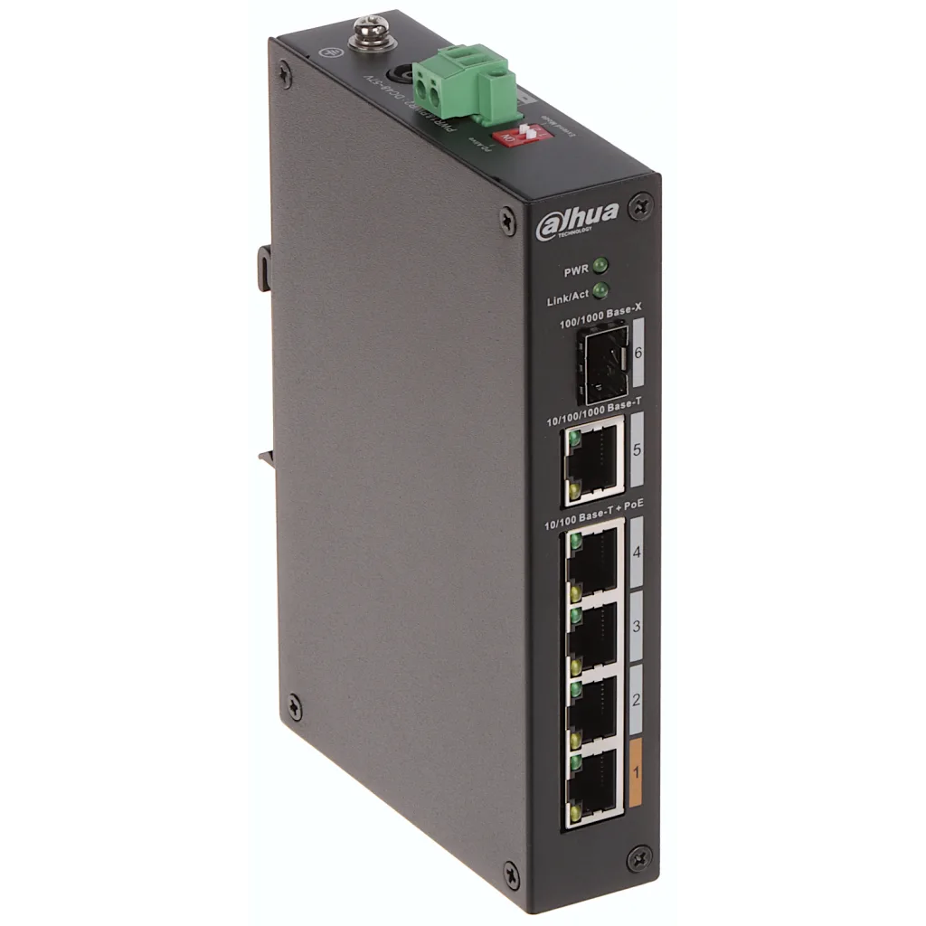 DAHUA PFS3106-4ET-60-V2, 4 Port, Megabit, PoE 60W, 1 Port Gigabit Uplink, 1 Port Gigabit SFP, Yönetilemez, Masaüstü Swit