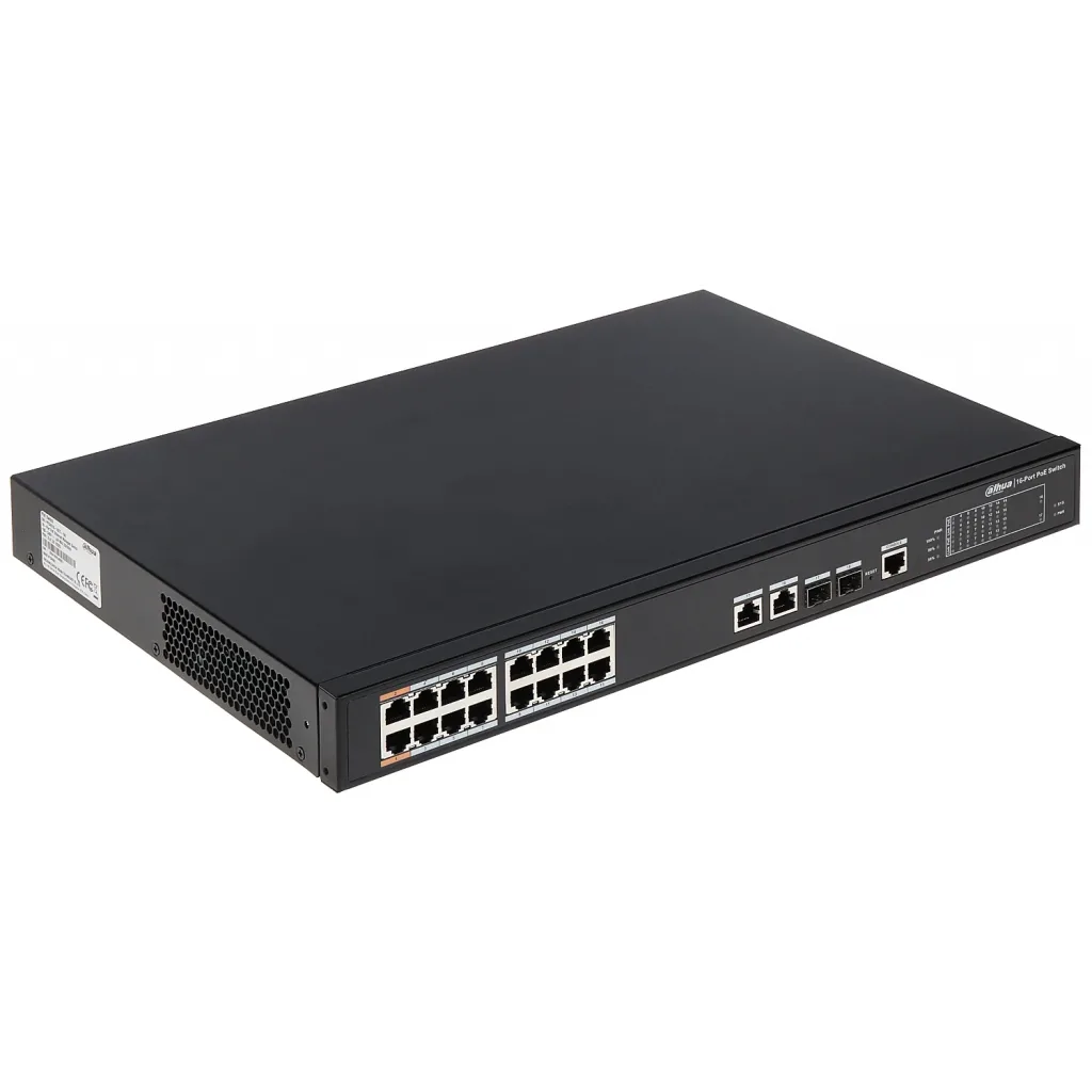 DAHUA PFS4218-16ET-240-V2, 16 Port, MegaBit, PoE 240W, 2 Port GigaBit Uplink, 2 Port GigaBit Combo SFP, Yönetilebilir, R