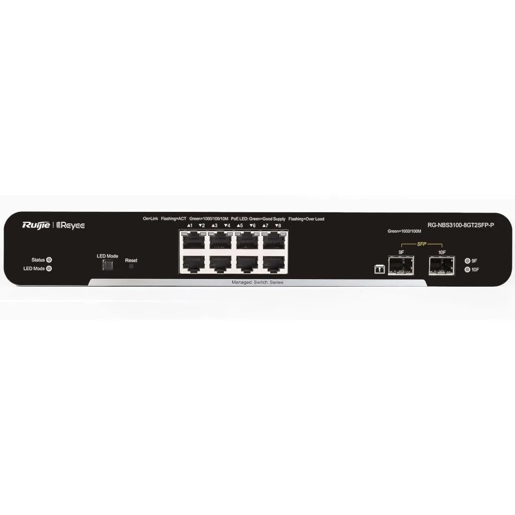 RUIJIE REYEE RG-NBS3100-8GT2SFP-P-V2, 8 Port, GigaBit, 8Port PoE, 125W, 2Port SFP, L2 Yönetilebilir, Metal Kasa, Masaüst