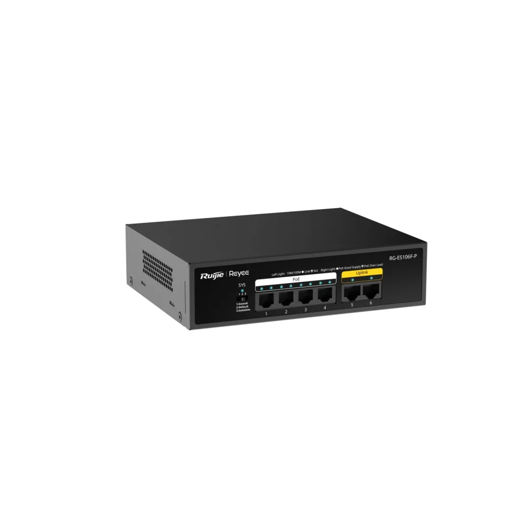 RUIJIE REYEE RG-ES106F-P 6 Port Megabit Tak Çalıştır Switch, 2 Fast Ethernet Uplink, 4 Port PoE+ (54W)