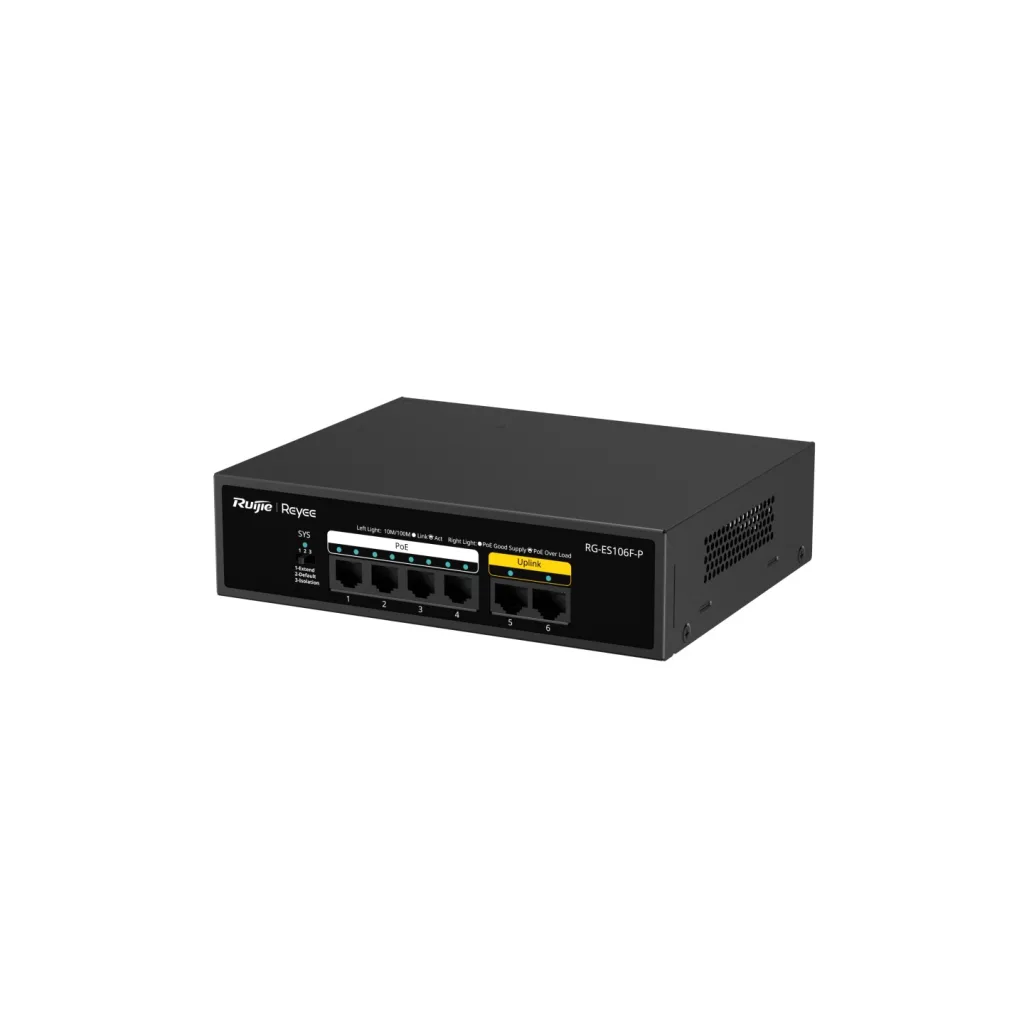RUIJIE REYEE RG-ES106F-P 6 Port Megabit Tak Çalıştır Switch, 2 Fast Ethernet Uplink, 4 Port PoE+ (54W)