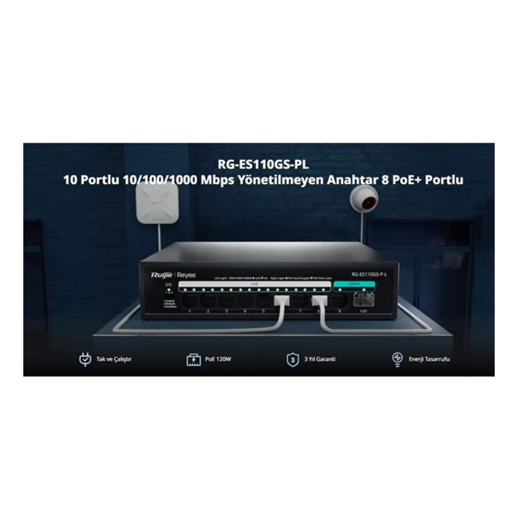RUIJIE REYEE RG-ES110GS-P-L 10 Port, 8 Port Gigabit PoE, 120W, 1 Port SPF, 1 Port Gigabit Uplink, Switch