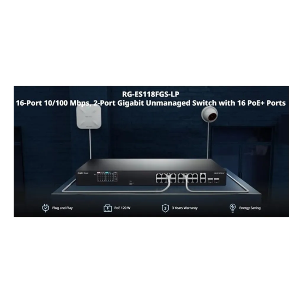 RUIJIE REYEE RG-ES118FGS-LP 18 Port, 16 Port Megabit PoE, 120W, 2 Port Gigabit COMBO, Switch Metal Kasa